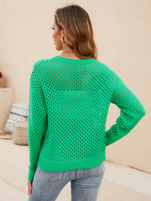 Blue Zone Planet | Solid Color Knit Cutout Pullover Crew Neck Sweater kakaclo