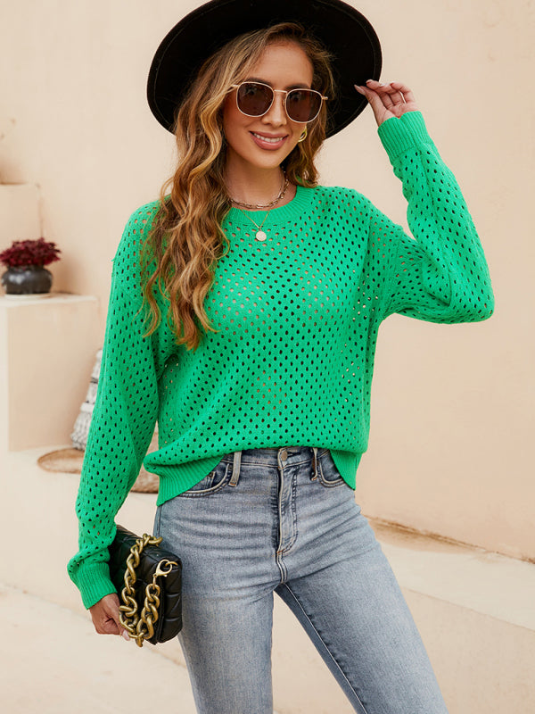 Blue Zone Planet | Solid Color Knit Cutout Pullover Crew Neck Sweater kakaclo