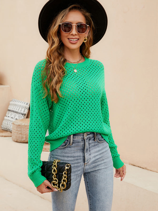 Blue Zone Planet | Solid Color Knit Cutout Pullover Crew Neck Sweater kakaclo