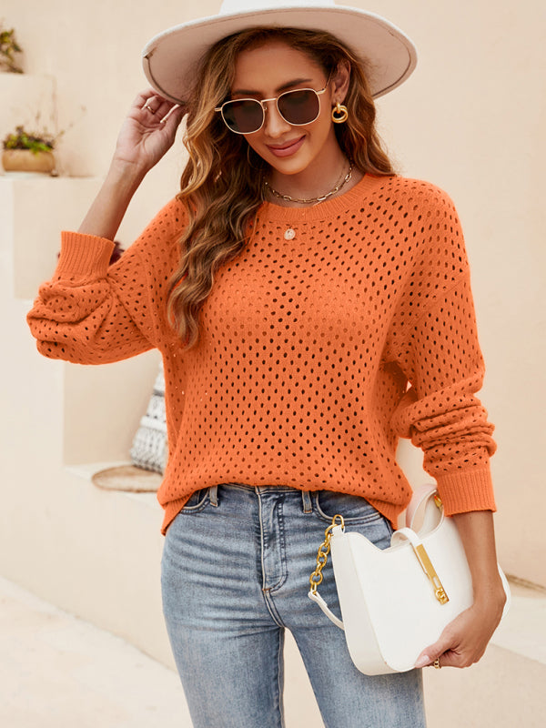 Blue Zone Planet | Solid Color Knit Cutout Pullover Crew Neck Sweater kakaclo