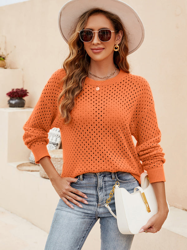Blue Zone Planet | Solid Color Knit Cutout Pullover Crew Neck Sweater kakaclo