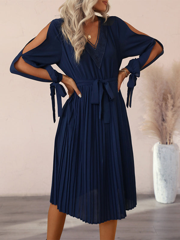 Blue Zone Planet |  Hollow-out long-sleeve skirt pleated V-neck lace panel dress BLUE ZONE PLANET