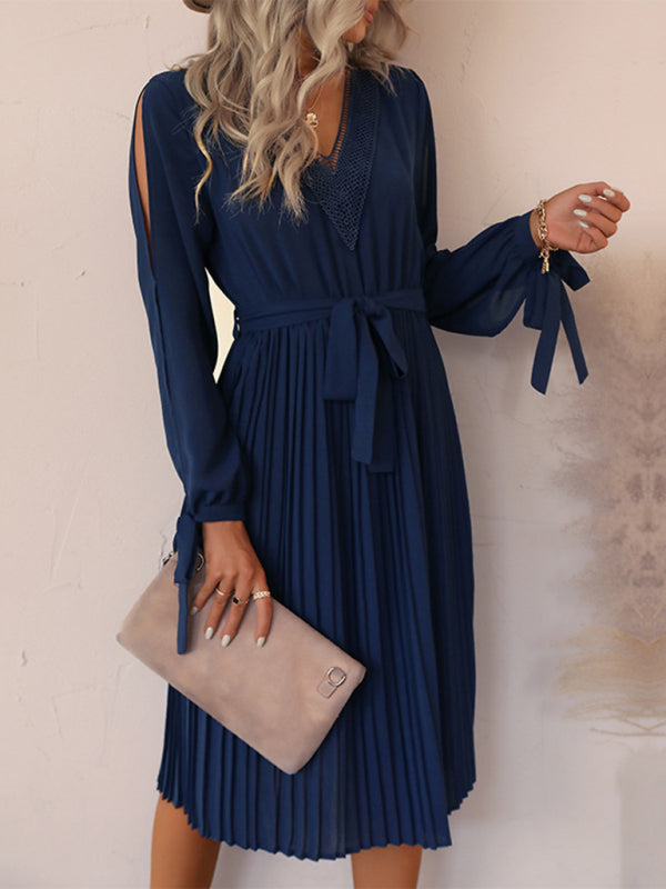 Blue Zone Planet |  Hollow-out long-sleeve skirt pleated V-neck lace panel dress BLUE ZONE PLANET