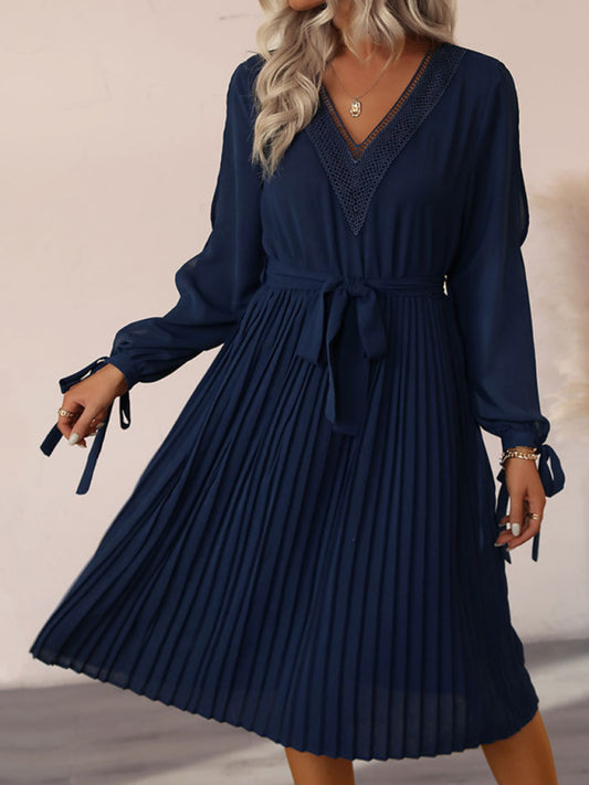 Blue Zone Planet |  Hollow-out long-sleeve skirt pleated V-neck lace panel dress BLUE ZONE PLANET