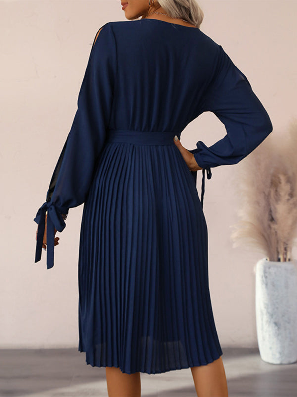 Blue Zone Planet |  Hollow-out long-sleeve skirt pleated V-neck lace panel dress BLUE ZONE PLANET