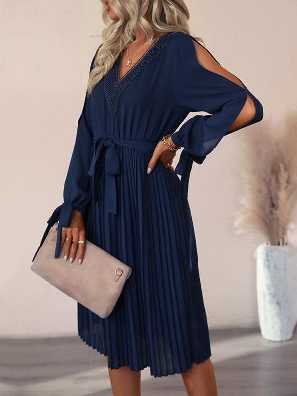 Blue Zone Planet |  Hollow-out long-sleeve skirt pleated V-neck lace panel dress BLUE ZONE PLANET