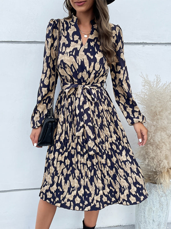 Leopard Print Hem Pleated Long Sleeve Dress kakaclo