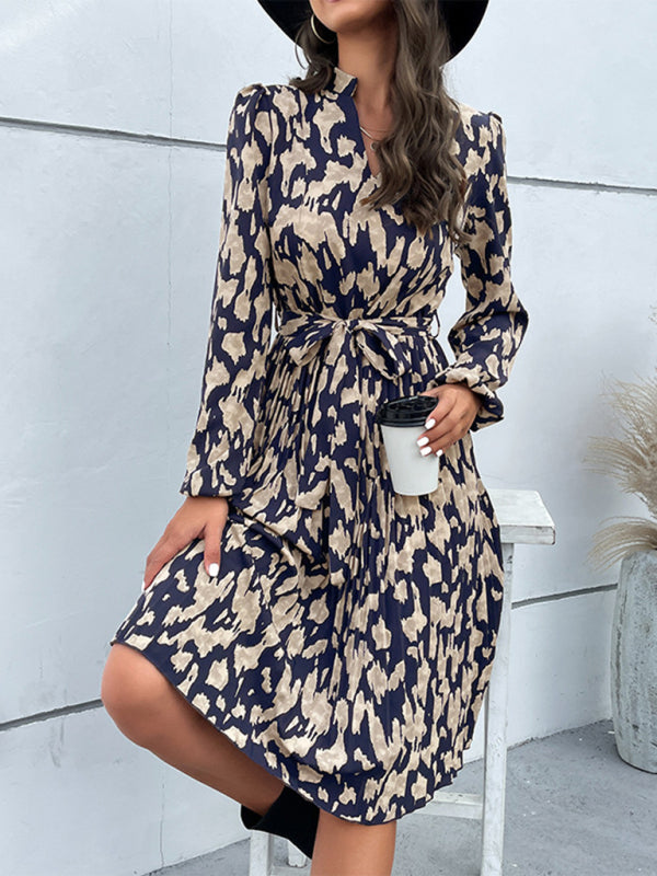 Leopard Print Hem Pleated Long Sleeve Dress kakaclo
