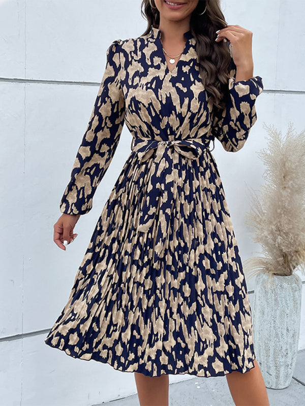 Leopard Print Hem Pleated Long Sleeve Dress kakaclo