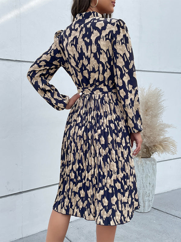 Leopard Print Hem Pleated Long Sleeve Dress kakaclo