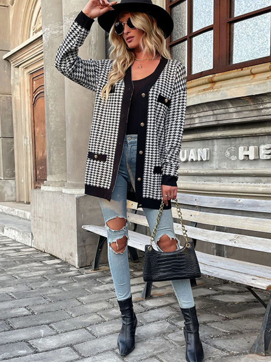Fashion Coat Long Sleeve Houndstooth Sweater Cardigan Mid Length kakaclo