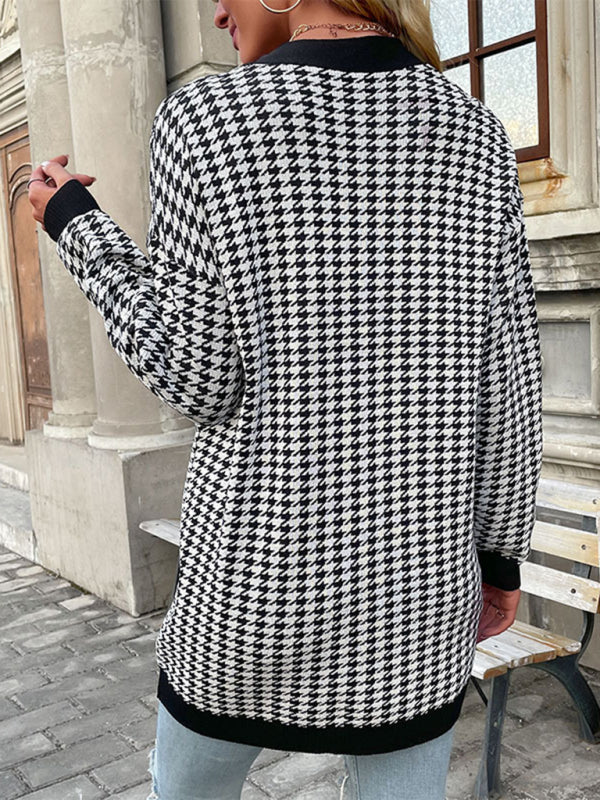 Fashion Coat Long Sleeve Houndstooth Sweater Cardigan Mid Length kakaclo