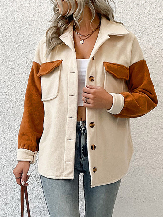 fashion lapel color-block long-sleeved polar fleece jacket kakaclo