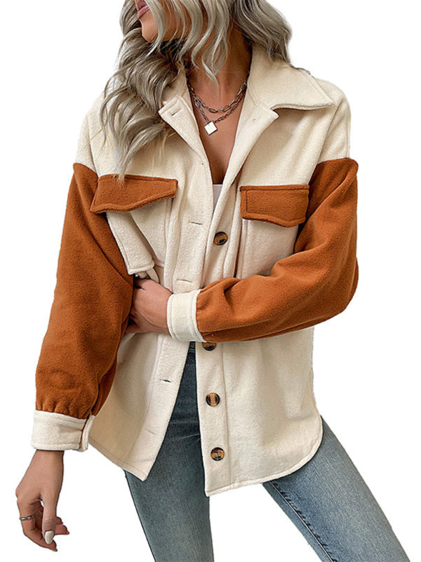 fashion lapel color-block long-sleeved polar fleece jacket kakaclo