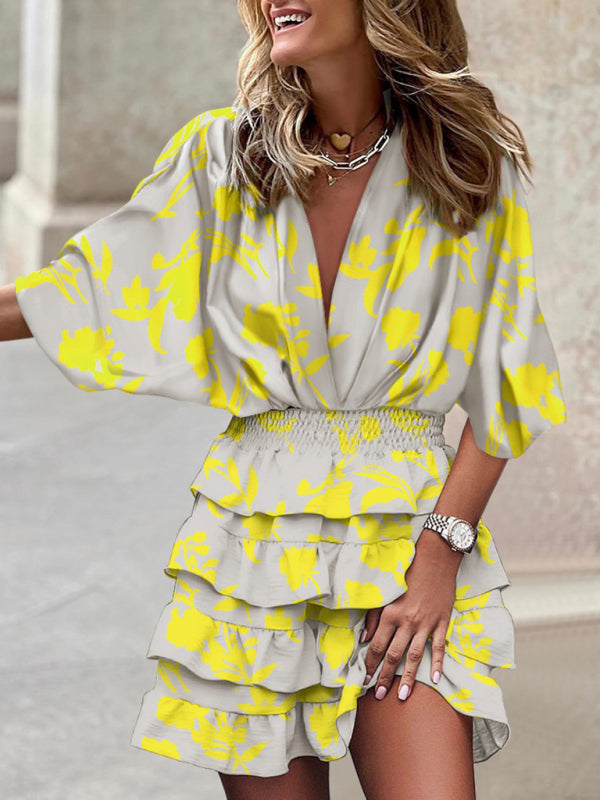 Blue Zone Planet |  Dolman sleeve V-neck print irregular hem dress BLUE ZONE PLANET
