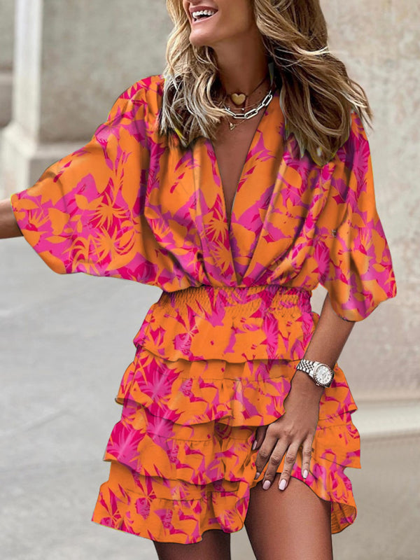 Blue Zone Planet |  Dolman sleeve V-neck print irregular hem dress BLUE ZONE PLANET