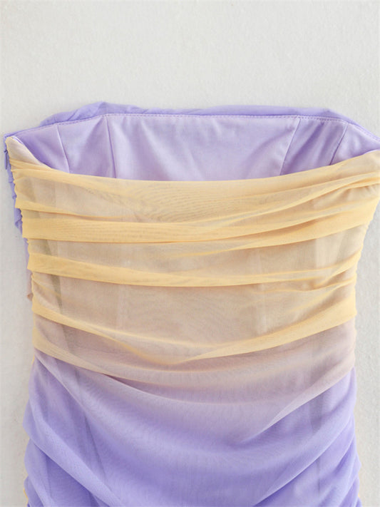 Women's tie-dye print pleated tube top slim dress kakaclo