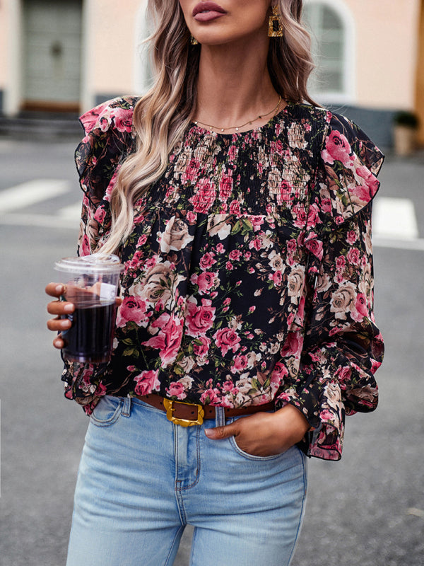 elegant commuter floral long-sleeved shirt BLUE ZONE PLANET