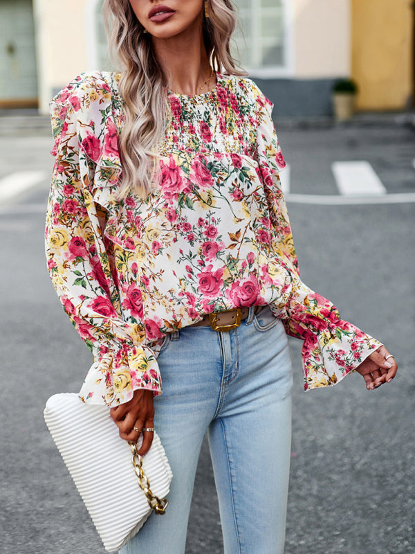 elegant commuter floral long-sleeved shirt BLUE ZONE PLANET