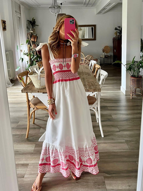 New Tie Printed Sweet Elastic Bohemian Maxi Dress BLUE ZONE PLANET