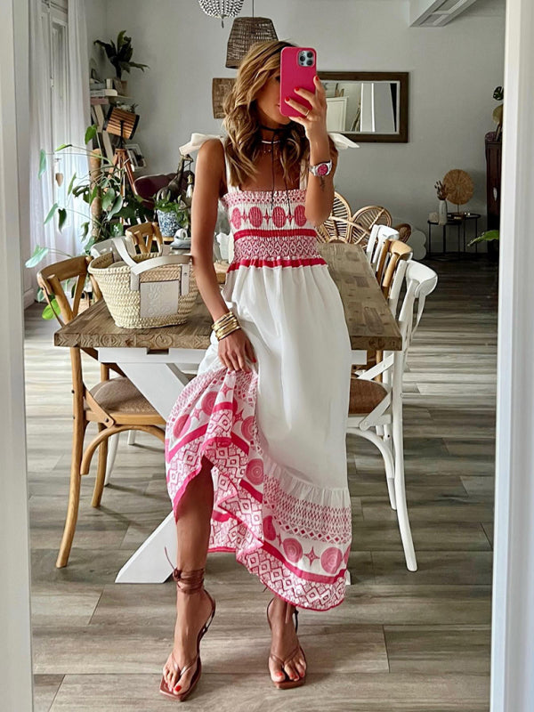 New Tie Printed Sweet Elastic Bohemian Maxi Dress BLUE ZONE PLANET