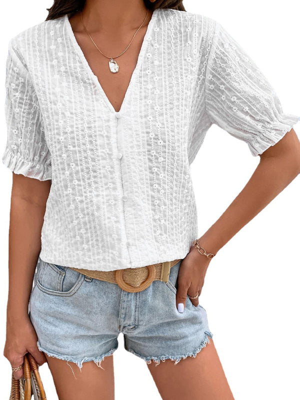 Blue Zone Planet | Ladies Lace Puff Sleeve Button Up Street Top Short Sleeve Lace Top kakaclo