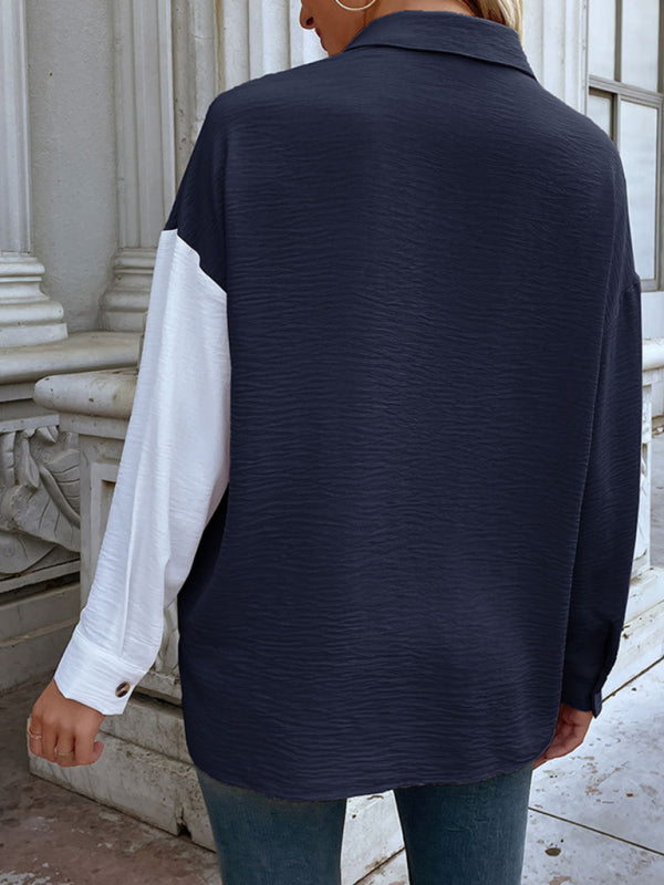 Blue Zone Planet |  able color-block long-sleeved shirt design sense shirt BLUE ZONE PLANET
