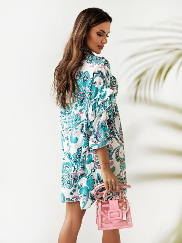 Blue Zone Planet |  Pleated stand-up collar ruffled print dress BLUE ZONE PLANET