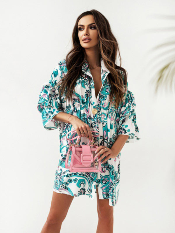 Blue Zone Planet |  Pleated stand-up collar ruffled print dress BLUE ZONE PLANET