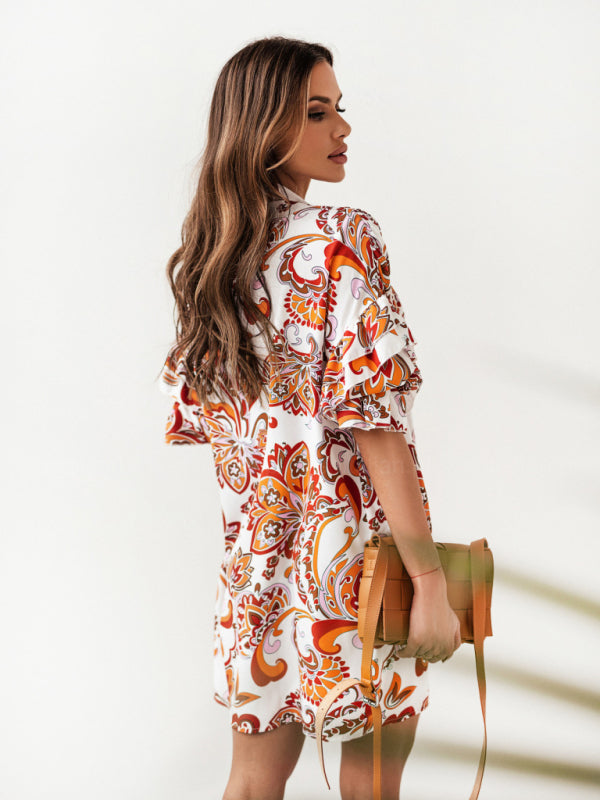 Blue Zone Planet |  Pleated stand-up collar ruffled print dress BLUE ZONE PLANET