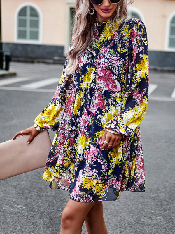 High Neck Stretch Ruffle Long Sleeve Dress kakaclo