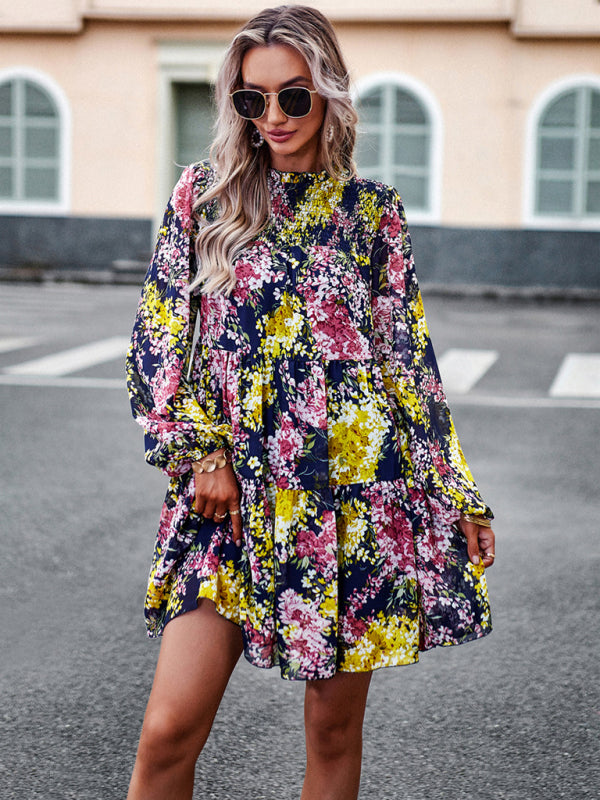 High Neck Stretch Ruffle Long Sleeve Dress kakaclo