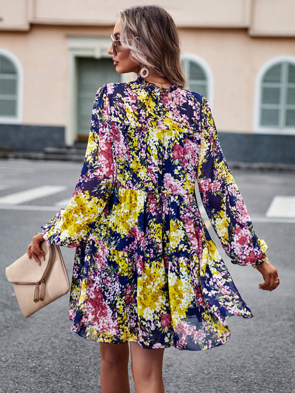 High Neck Stretch Ruffle Long Sleeve Dress kakaclo