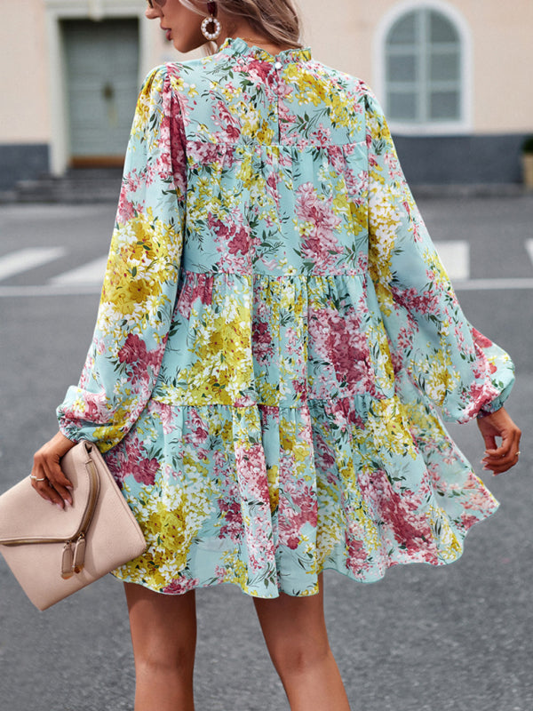 High Neck Stretch Ruffle Long Sleeve Dress kakaclo