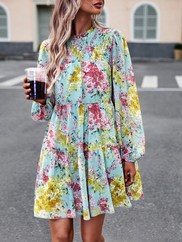 High Neck Stretch Ruffle Long Sleeve Dress kakaclo