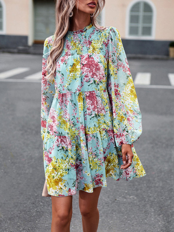 High Neck Stretch Ruffle Long Sleeve Dress kakaclo