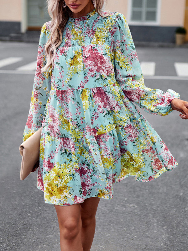 High Neck Stretch Ruffle Long Sleeve Dress kakaclo