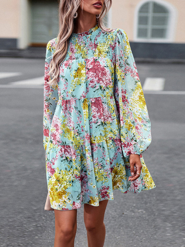 High Neck Stretch Ruffle Long Sleeve Dress kakaclo
