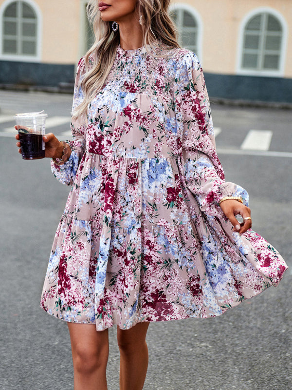 High Neck Stretch Ruffle Long Sleeve Dress kakaclo