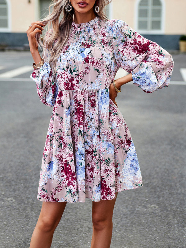 High Neck Stretch Ruffle Long Sleeve Dress kakaclo