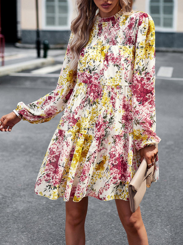 High Neck Stretch Ruffle Long Sleeve Dress kakaclo