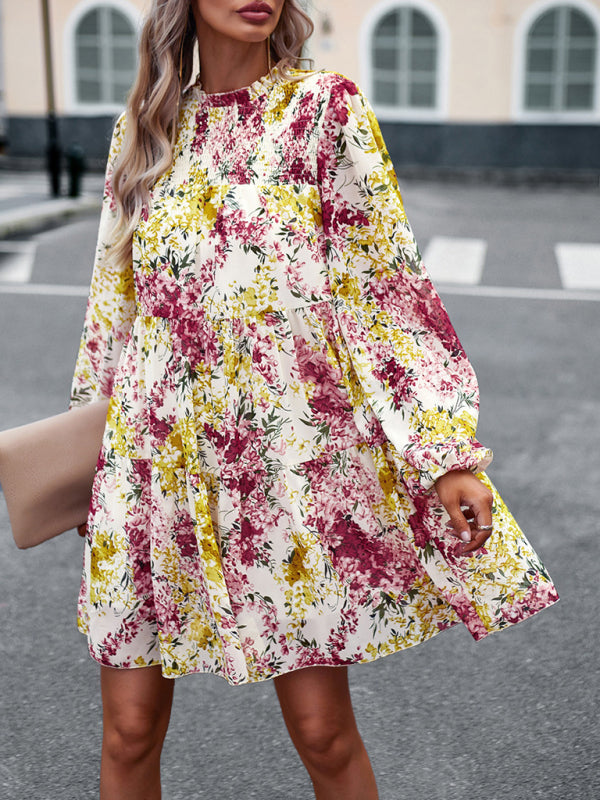 High Neck Stretch Ruffle Long Sleeve Dress kakaclo