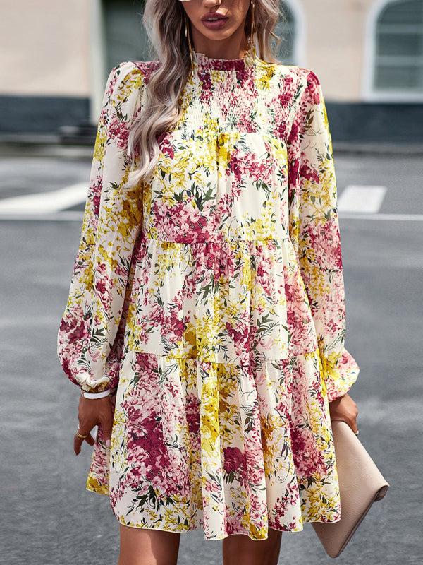 High Neck Stretch Ruffle Long Sleeve Dress kakaclo