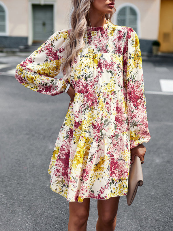 High Neck Stretch Ruffle Long Sleeve Dress kakaclo