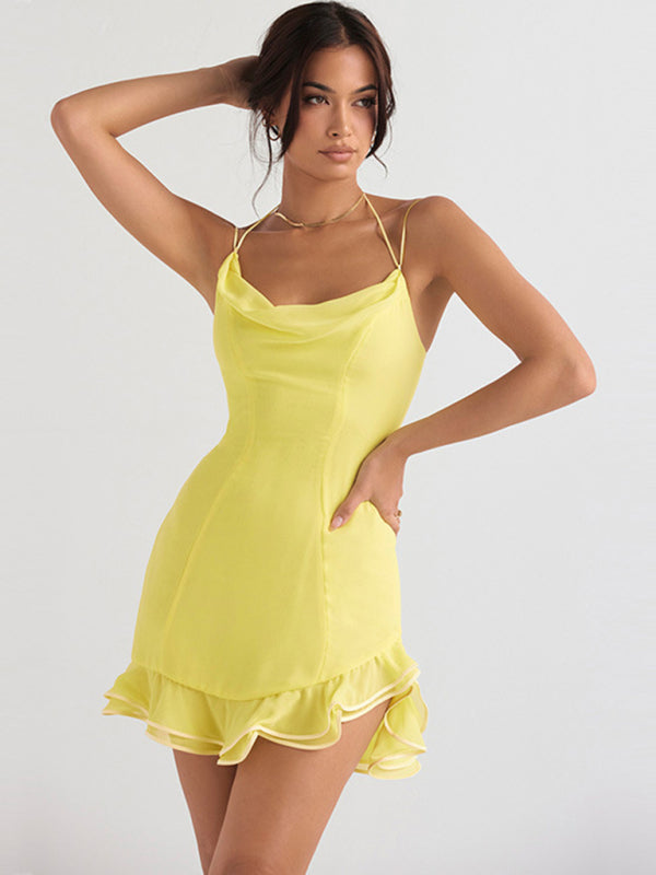 Blue Zone Planet |  Pile collar halter neck open back lace spaghetti strap skirt BLUE ZONE PLANET