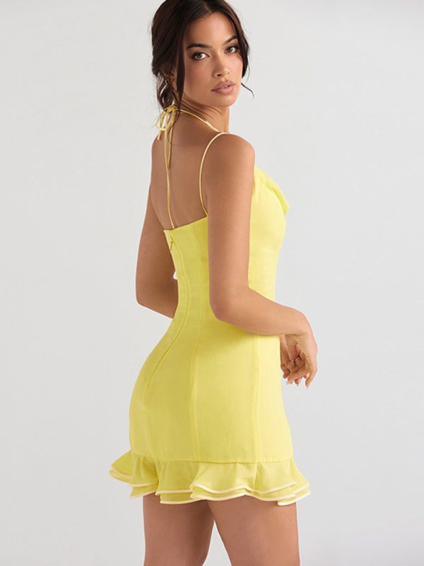 Blue Zone Planet |  Pile collar halter neck open back lace spaghetti strap skirt BLUE ZONE PLANET
