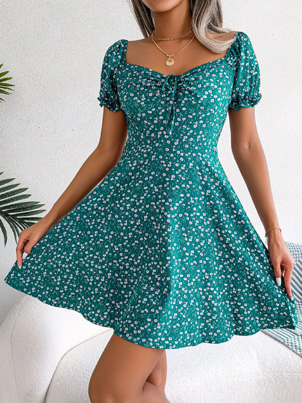 Casual Bell Sleeve Drawstring Tie Floral Swing Mini Dress-TOPS / DRESSES-[Adult]-[Female]-Green-S-2022 Online Blue Zone Planet