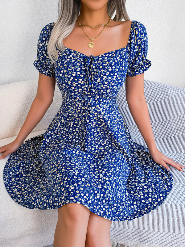 Casual Bell Sleeve Drawstring Tie Floral Swing Mini Dress-TOPS / DRESSES-[Adult]-[Female]-Champlain color-S-2022 Online Blue Zone Planet