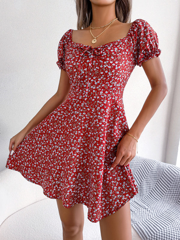 Casual Bell Sleeve Drawstring Tie Floral Swing Mini Dress-TOPS / DRESSES-[Adult]-[Female]-2022 Online Blue Zone Planet