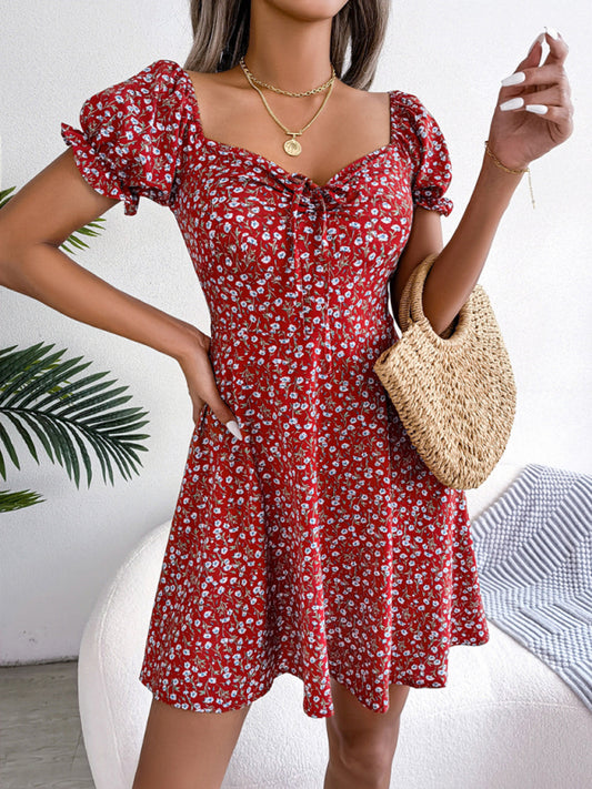 Casual Bell Sleeve Drawstring Tie Floral Swing Mini Dress-TOPS / DRESSES-[Adult]-[Female]-Red-S-2022 Online Blue Zone Planet